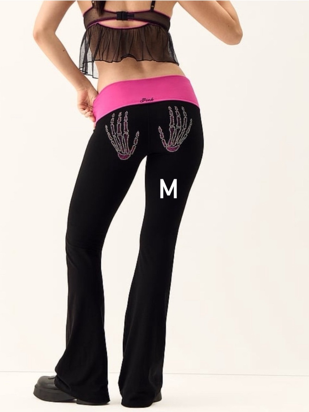 VS PINK HALLOWEEN 2026 FOLDOVER FLARE BLACK LEGGINGS & SKELETON BLING HANDS
